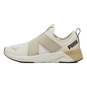 A beige and white Puma athletic shoe with a slip-on design, cross straps, and branding on the heel and toe.