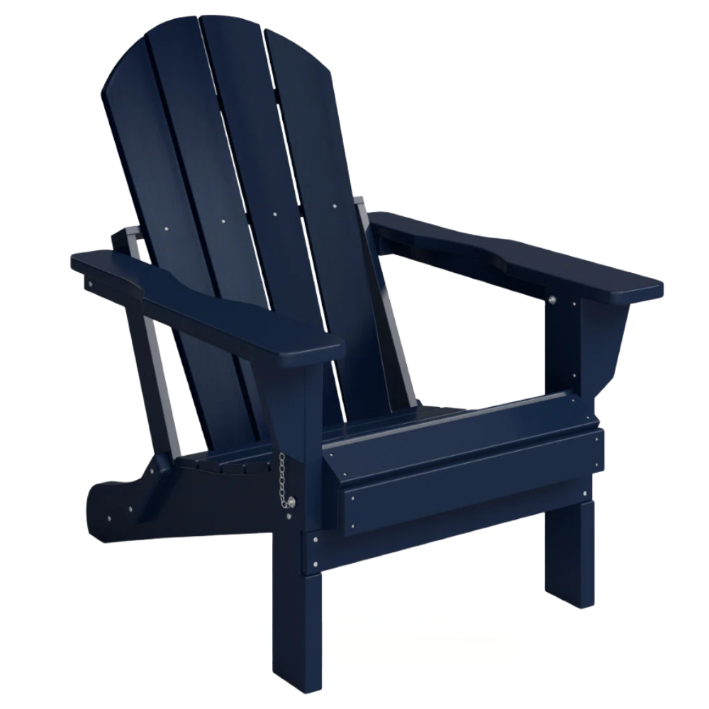 A navy blue Adirondack chair with a classic slatted design and wide armrests, made of durable material.