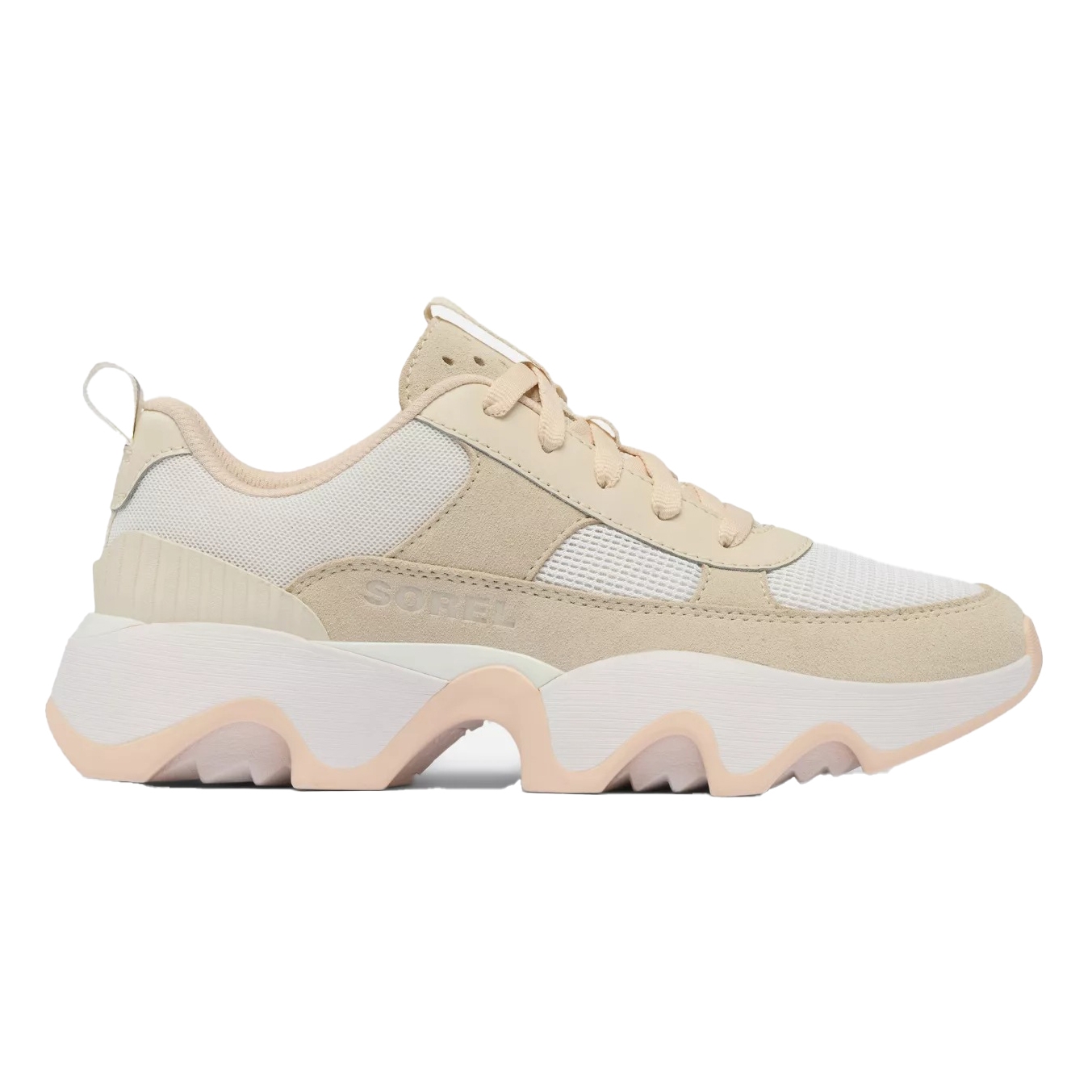 Beige and white sneaker with chunky, scalloped sole and mixed textile upper featuring lace-up closure and pull tab at the heel.