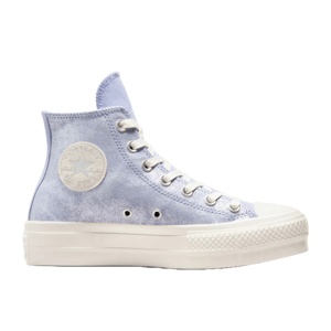 Light blue high-top sneaker with a suede texture, featuring a white star logo patch. It has white laces, a thick white platform sole, and silver eyelets.