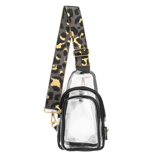 Clear crossbody bag with a black trim and a detachable strap featuring a leopard print pattern.