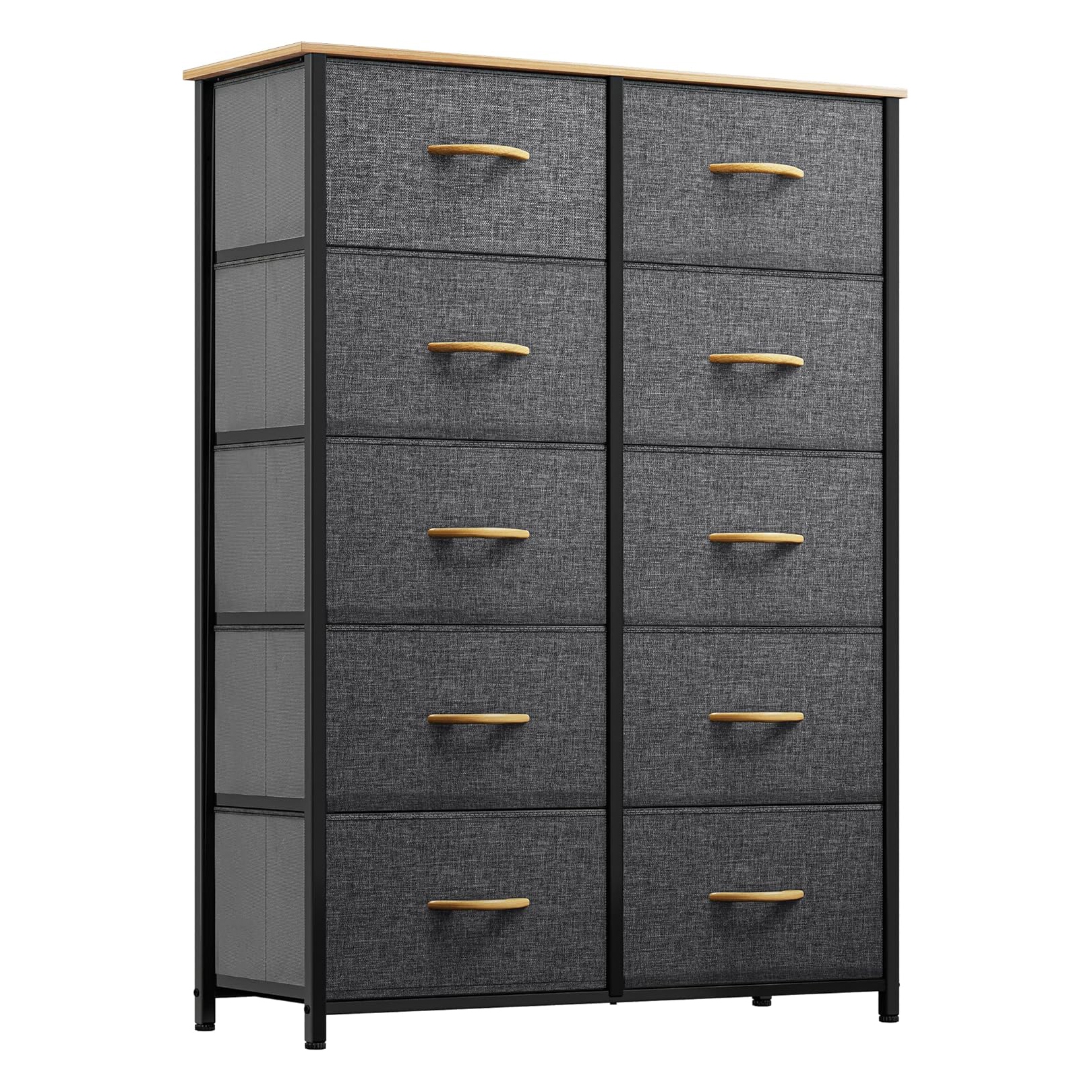 A tall dresser with 10 drawers featuring a steel frame, charcoal gray fabric drawers, natural wood handles, and a wood top.