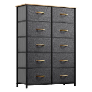 A tall dresser with 10 drawers featuring a steel frame, charcoal gray fabric drawers, natural wood handles, and a wood top.