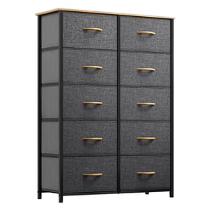 A tall dresser with 10 drawers featuring a steel frame, charcoal gray fabric drawers, natural wood handles, and a wood top.