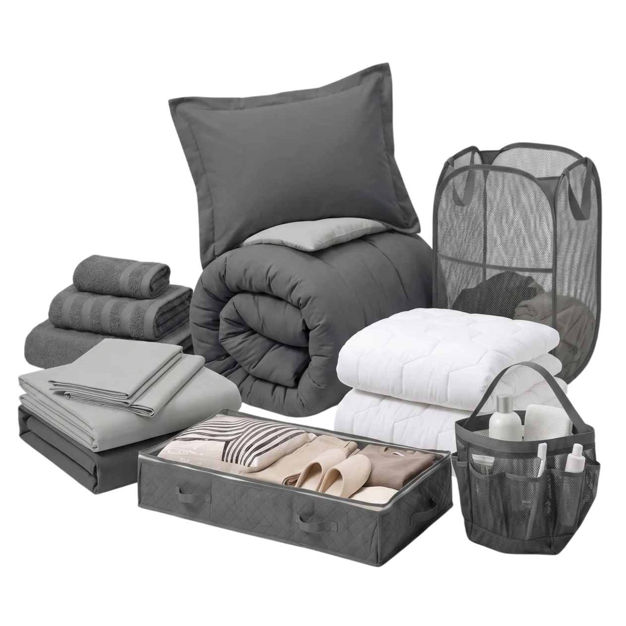 A dorm room essentials set featuring a gray bedding set, pillow, bath towels, folding hamper, storage bag with slippers and organizer, and a shower caddy with toiletries.
