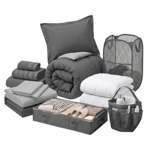 A dorm room essentials set featuring a gray bedding set, pillow, bath towels, folding hamper, storage bag with slippers and organizer, and a shower caddy with toiletries.