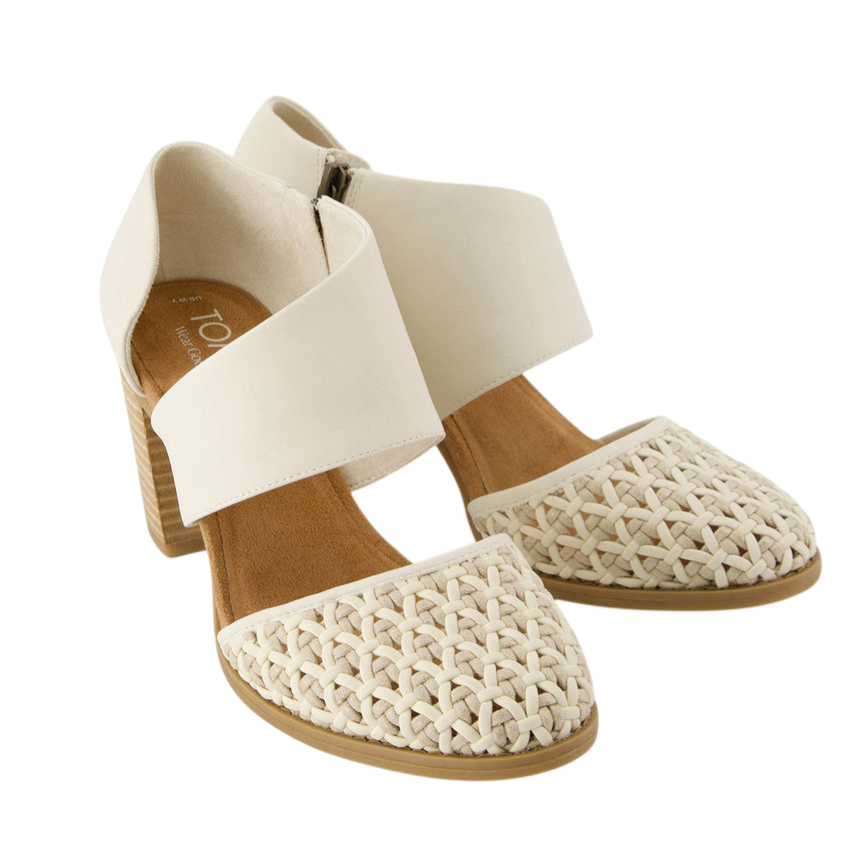 Cream-colored women's shoes with woven closed toe, chunky heel, and wide ankle strap.