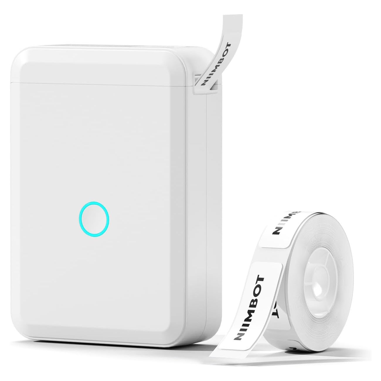 A compact label printer with a roll of labels, both branded \“NIMBOT.\“
