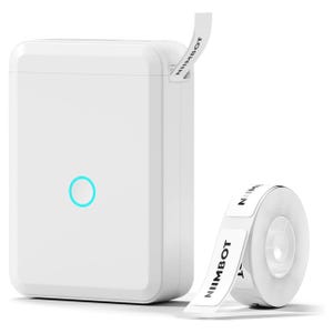 A compact label printer with a roll of labels, both branded \“NIMBOT.\“