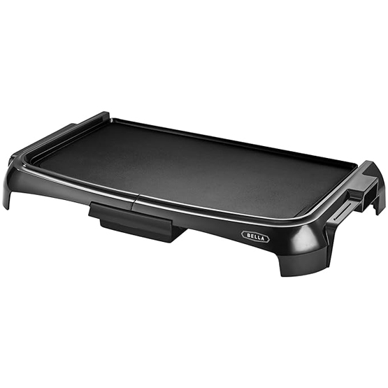 A rectangular electric griddle with a nonstick surface and a drip tray, suitable for cooking multiple items simultaneously. Brand: Bella.
