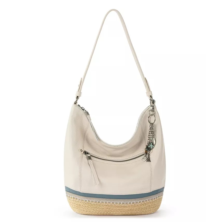 Beige shoulder bag with blue stripe detail and zipper accents.