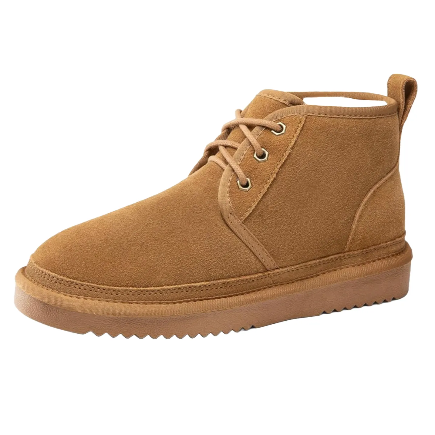 Brown suede ankle boots with laces and pull tab, featuring a flat, textured sole for grip and a simple, stylish design.