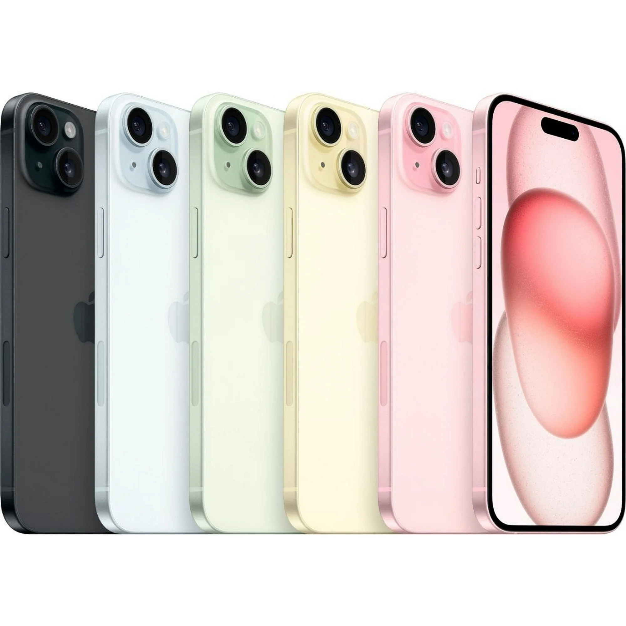 A lineup of smartphones in various colors with dual-camera systems on the rear and a close-up of a screen showcasing a pink wallpaper.