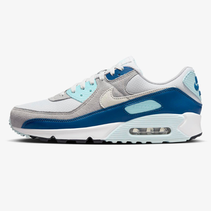 A pair of grey and blue Nike Air Max sneakers with a visible air cushion in the heel.