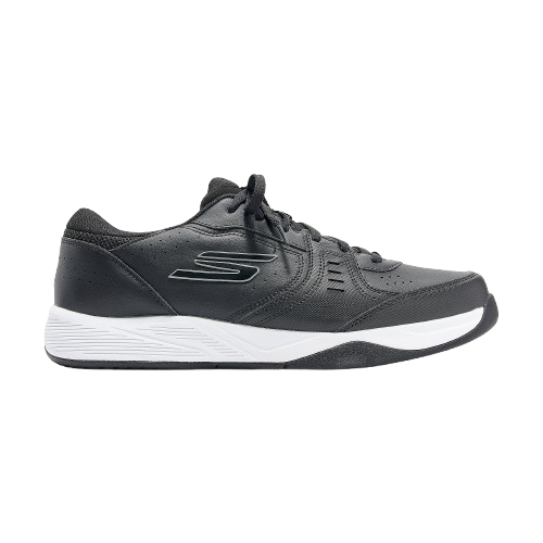 Black athletic sneaker with a white sole, featuring a subtle logo detail on the side.