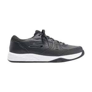 Black athletic sneaker with a white sole, featuring a subtle logo detail on the side.