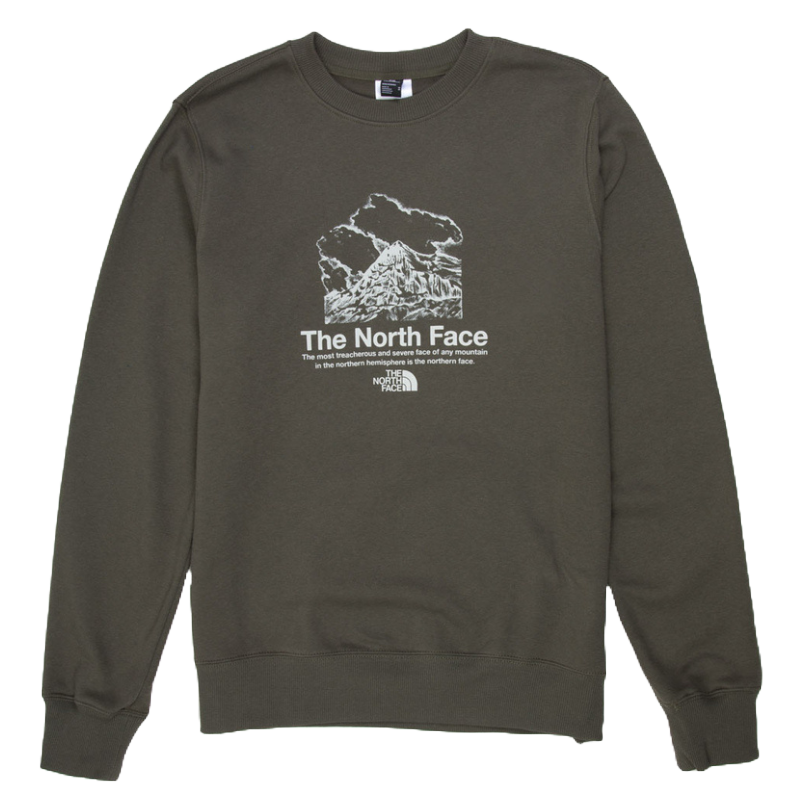 Dark green sweatshirt featuring The North Face logo and graphic with a mountain design.