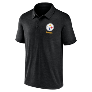 A black polo shirt featuring the Pittsburgh Steelers logo and name on the chest.