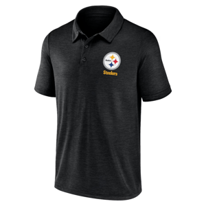 A black polo shirt featuring the Pittsburgh Steelers logo and name on the chest.