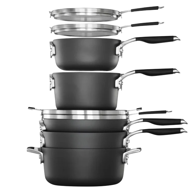 The 14-piece Calphalon cookware set features a stackable design with multiple pots and pans, each with durable nonstick surfaces and stainless steel handles. Lids are included for versatile cooking and easy storage.