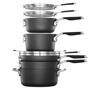 The 14-piece Calphalon cookware set features a stackable design with multiple pots and pans, each with durable nonstick surfaces and stainless steel handles. Lids are included for versatile cooking and easy storage.