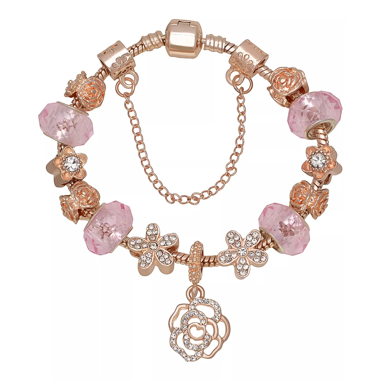 A rose gold charm bracelet featuring pink faceted beads, crystal-embellished flower charms, and a rose pendant.
