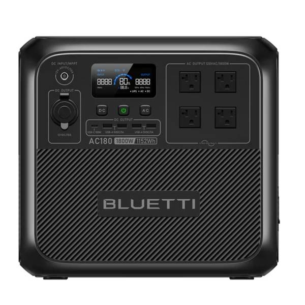 Bluetti 1,800W Power Station features a 1,512Wh capacity, multiple AC outlets, DC output, and an LCD display for monitoring.
