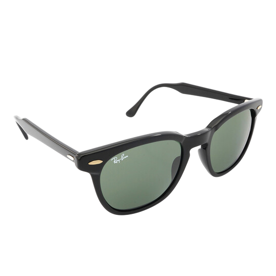 Black sunglasses with green lenses, featuring a classic design and Ray-Ban logo on the lens.
