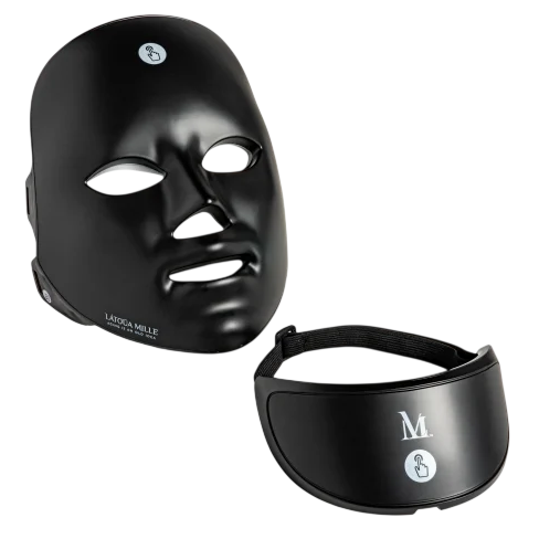 A black LED face mask and an accompanying eye mask with adjustable straps are shown, both featuring logos.