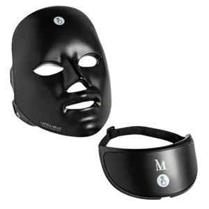 A black LED face mask and an accompanying eye mask with adjustable straps are shown, both featuring logos.