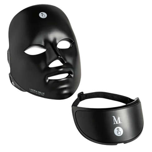 A black LED face mask and an accompanying eye mask with adjustable straps are shown, both featuring logos.