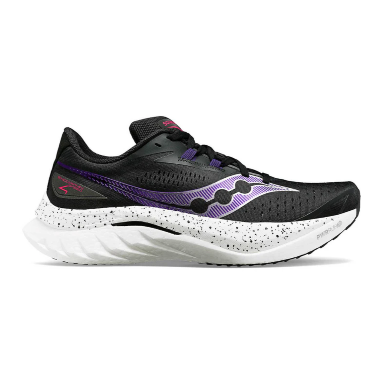 A black running shoe with a purple design, featuring a speckled white midsole labeled \“PWRRUN\“ for cushioning.