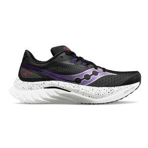 A black running shoe with a purple design, featuring a speckled white midsole labeled \“PWRRUN\“ for cushioning.