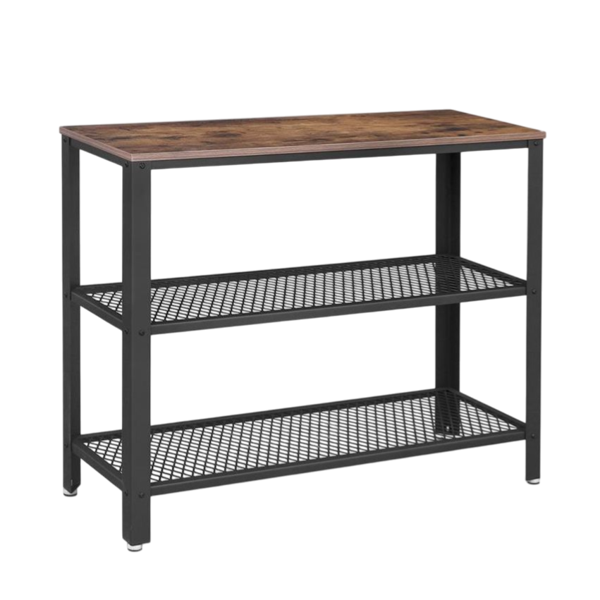 Three-tier shelving unit with a rustic wooden top and black metal mesh shelves, suitable for storage or display.
