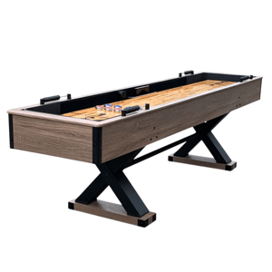 A shuffleboard table with a wooden finish and black X-shaped legs, featuring scoring markers and pucks on the playing surface.