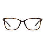 Tortoiseshell-patterned eyeglasses with a rectangular frame design and thin temples.