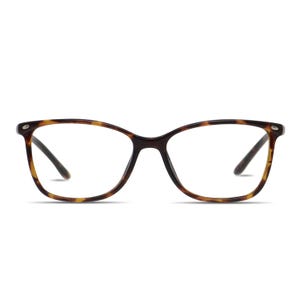Tortoiseshell-patterned eyeglasses with a rectangular frame design and thin temples.