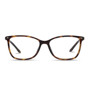 Tortoiseshell-patterned eyeglasses with a rectangular frame design and thin temples.