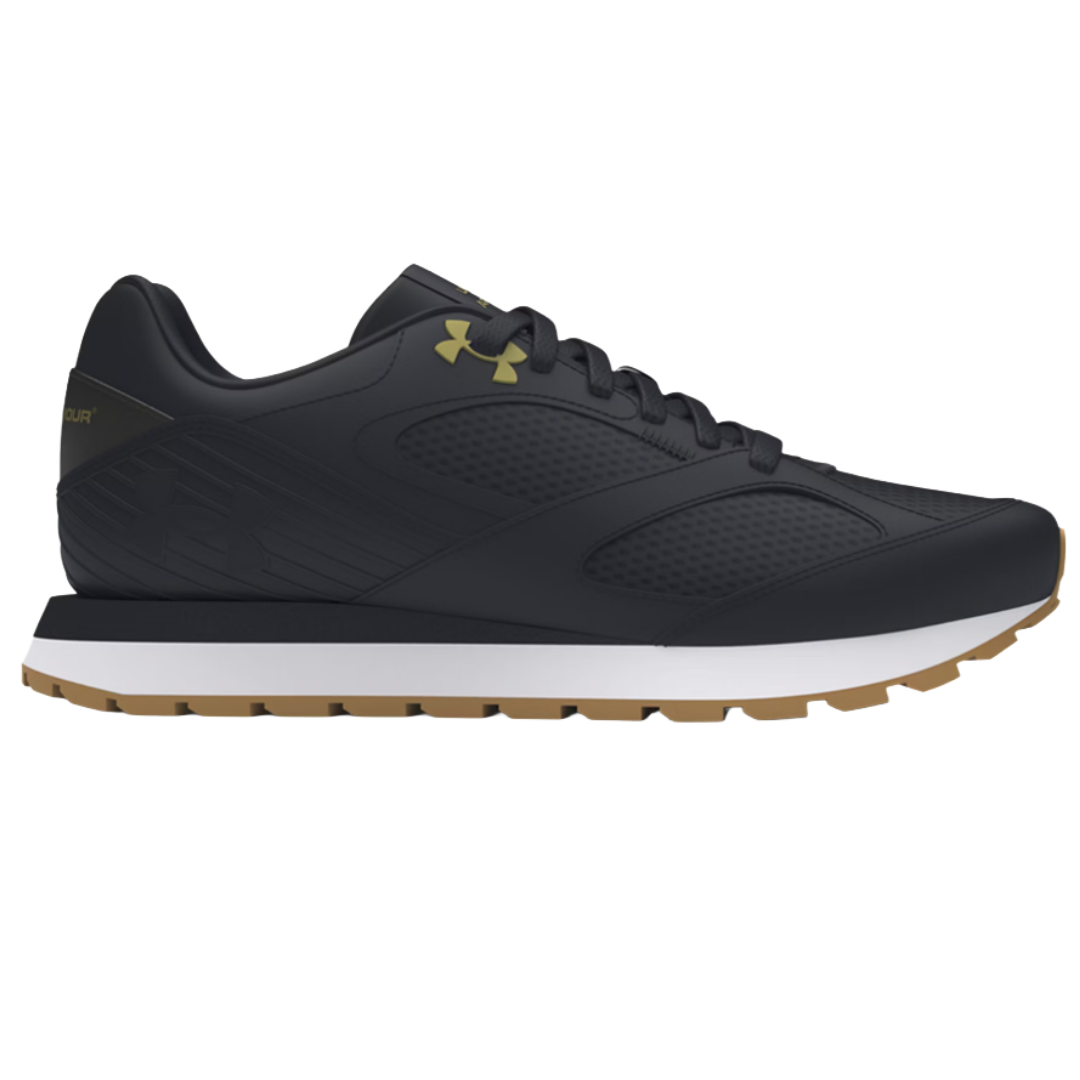 Black athletic shoe with a white midsole and gum sole, featuring a gold logo on the side.