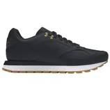Black athletic shoe with a white midsole and gum sole, featuring a gold logo on the side.