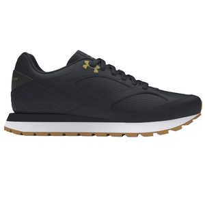 Black athletic shoe with a white midsole and gum sole, featuring a gold logo on the side.