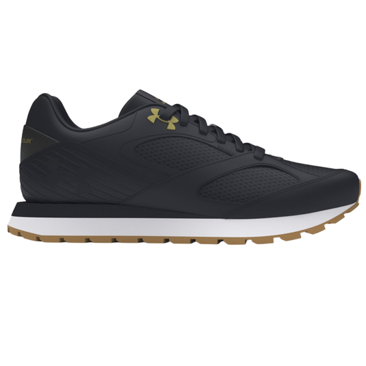 Black athletic shoe with a white midsole and gum sole, featuring a gold logo on the side.