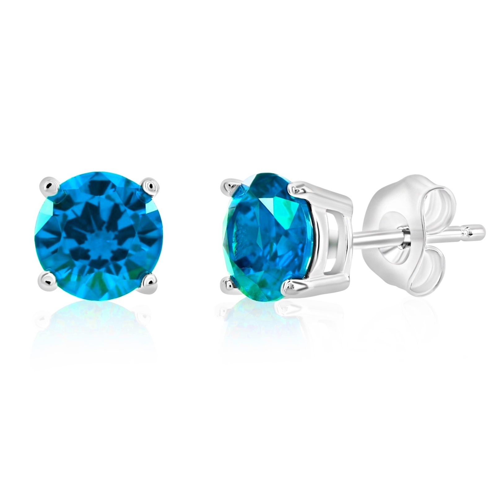 Sterling silver studs featuring round, vibrant blue gemstones set in a four-prong setting with butterfly backs.