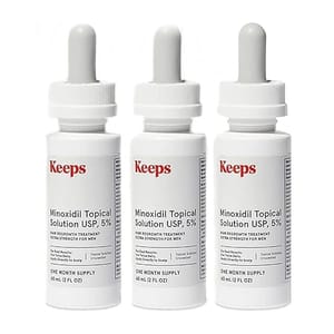 3-pack of Keeps Minoxidil Topical Solution, USP, 5%, for men, extra strength treatment, 60 ml (2 fl oz) bottles, each providing a one-month supply.