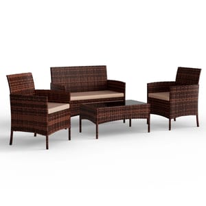 A 4-piece outdoor furniture set featuring two armchairs, a loveseat, and a glass-top coffee table, all with a woven rattan design and beige cushions.