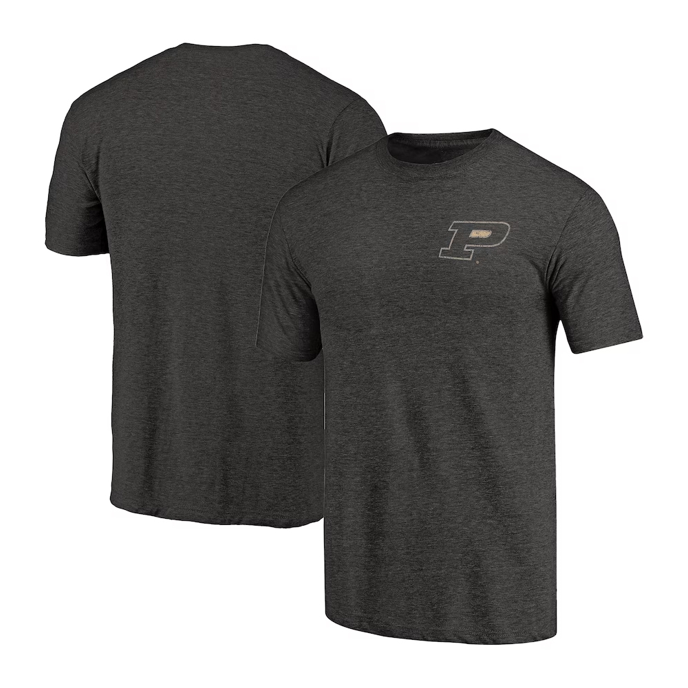Dark gray T-shirt featuring a small Purdue University \“P\“ logo on the front, with a plain back.
