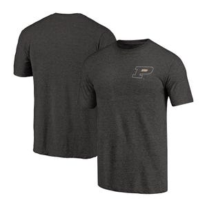 Dark gray T-shirt featuring a small Purdue University \“P\“ logo on the front, with a plain back.