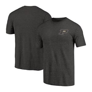Dark gray T-shirt featuring a small Purdue University \“P\“ logo on the front, with a plain back.