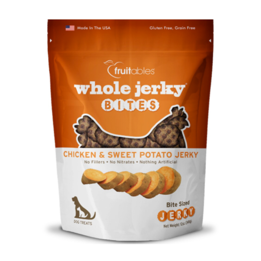 Fruitables Whole Jerky Bites are dog treats made in the USA, featuring chicken and sweet potato. They are gluten-free, grain-free, and contain no fillers, nitrates, or artificial ingredients. Net weight: 12 oz (340g).