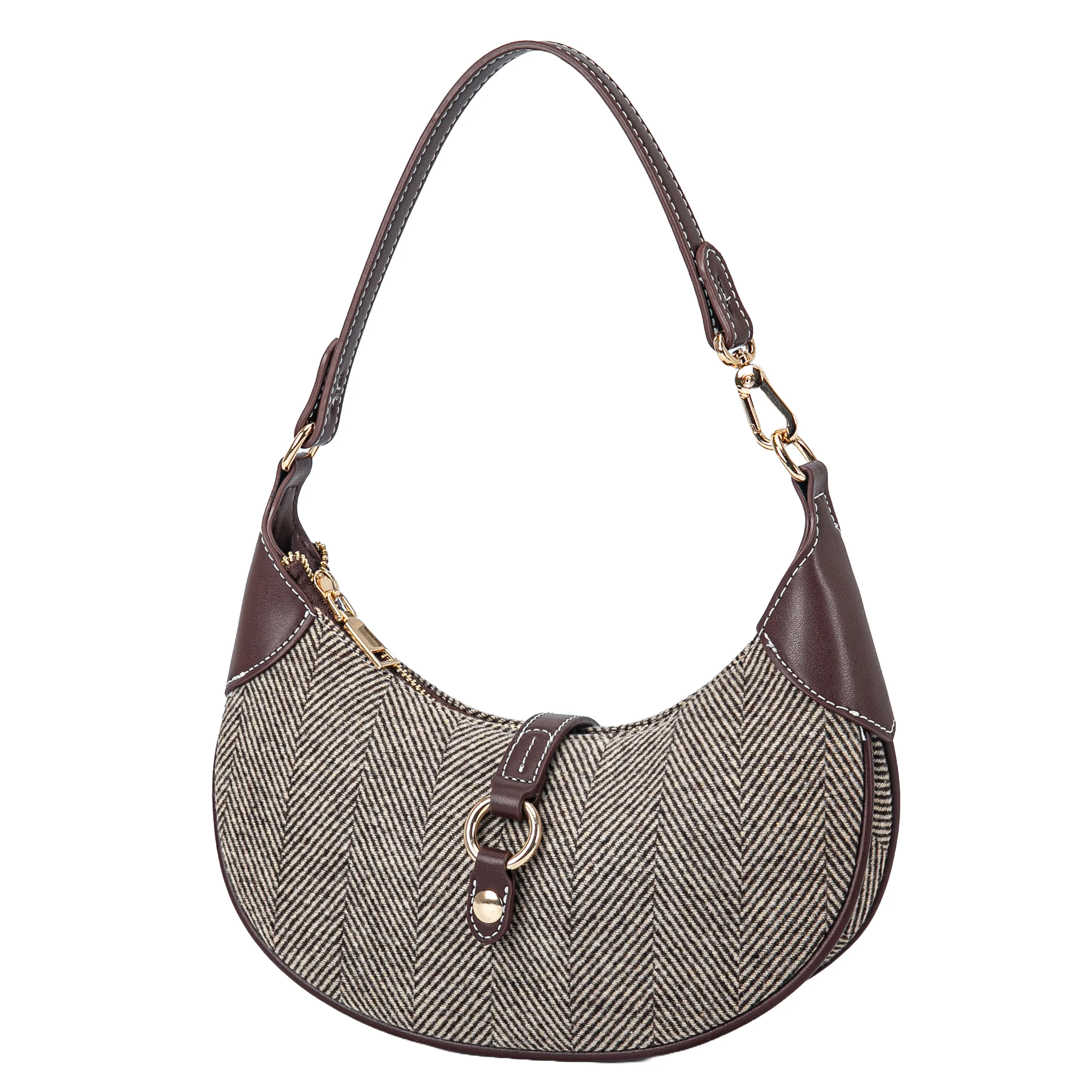 A small, curved hobo handbag with a herringbone fabric pattern and brown leather accents, featuring a single strap and gold-tone hardware including a zipper and clasp.